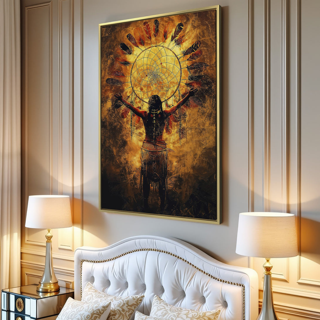 Canvas Print featuring a Native American figure with a dreamcatcher, warm earthy tones. Perfect for bohemian decor and adding a touch of spirituality.