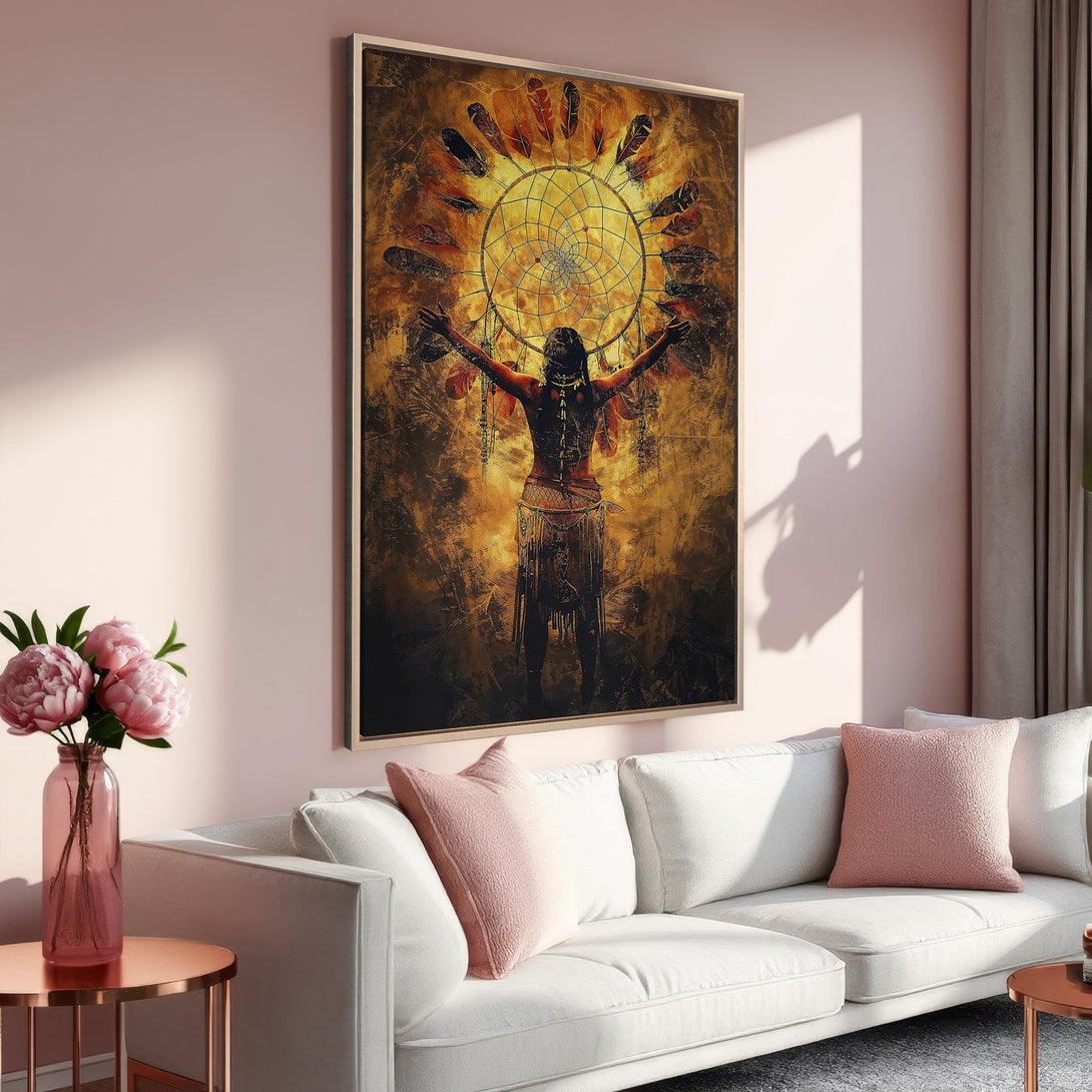 Framed Wall Art: Dreamcatcher print in warm earthy tones. Bohemian style canvas art perfect for living room decor. Adds a touch of culture and color.