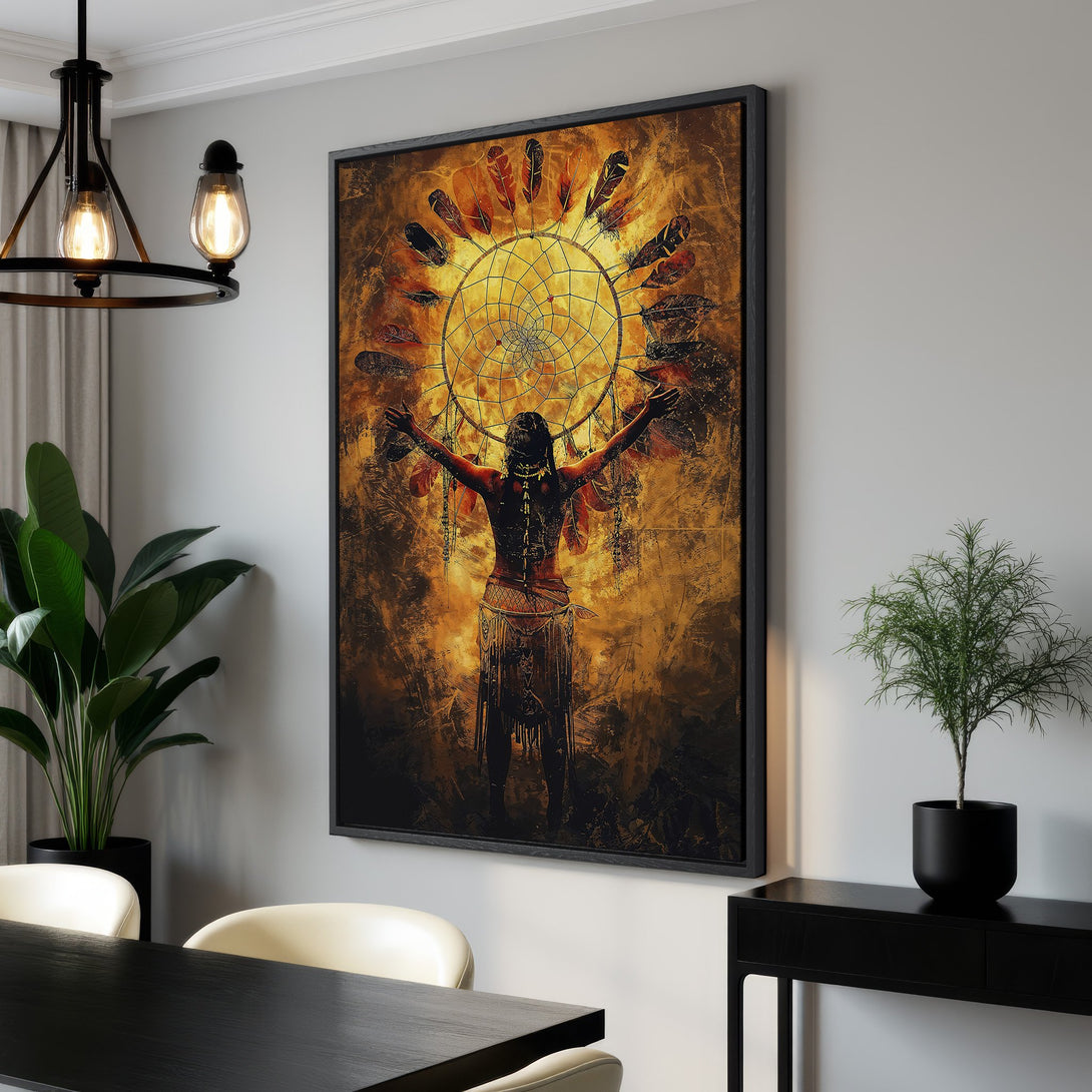 Framed Wall Art: Dreamcatcher Canvas Print with Native American figure, warm gold and brown tones. Perfect for bohemian or rustic home decor.