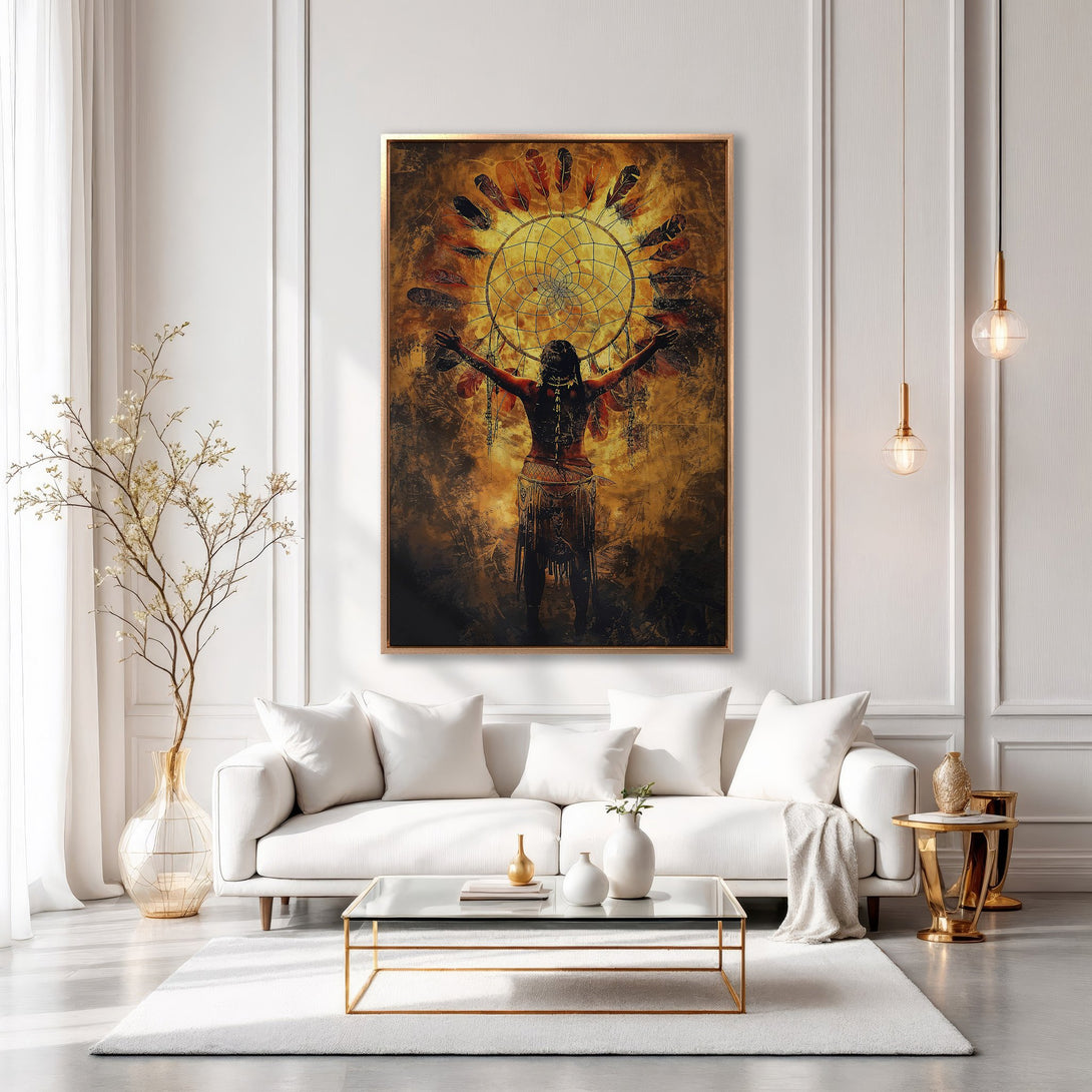 Framed Wall Art: Dreamcatcher and Native American figure in warm, earthy tones. Perfect for bohemian or modern interiors. Enhance your home decor today!