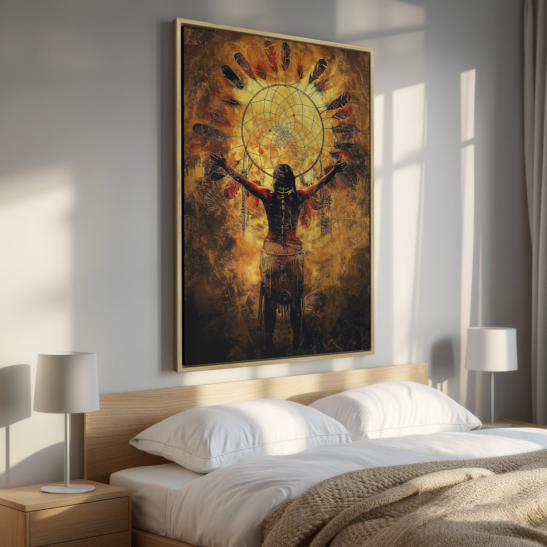 Framed Wall Art: Native American dreamcatcher art in warm earth tones. Adds a touch of bohemian style to any bedroom. Shop canvas prints!