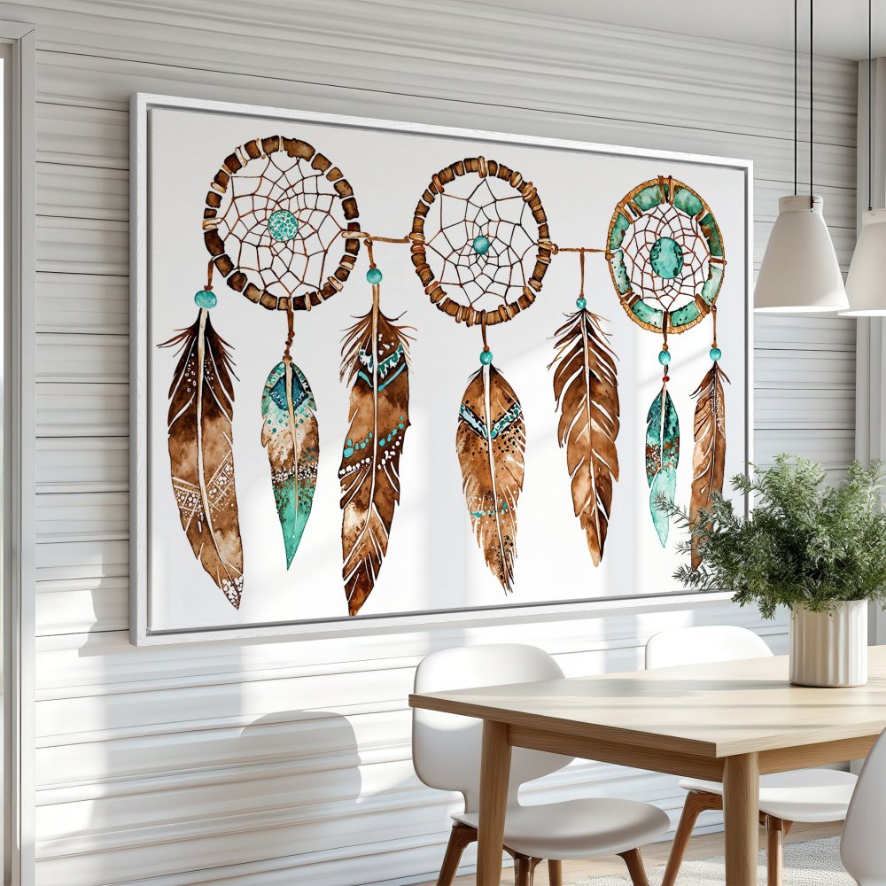 Canvas Print: Watercolor dreamcatcher art in boho style, featuring brown, teal, and white colors. Perfect wall decor for a cozy home!