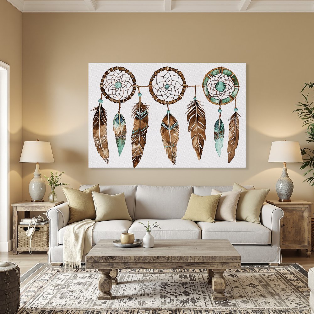 Framed Wall Art: Watercolor dreamcatcher print in boho style with turquoise and brown tones. Perfect for adding a touch of bohemian charm!