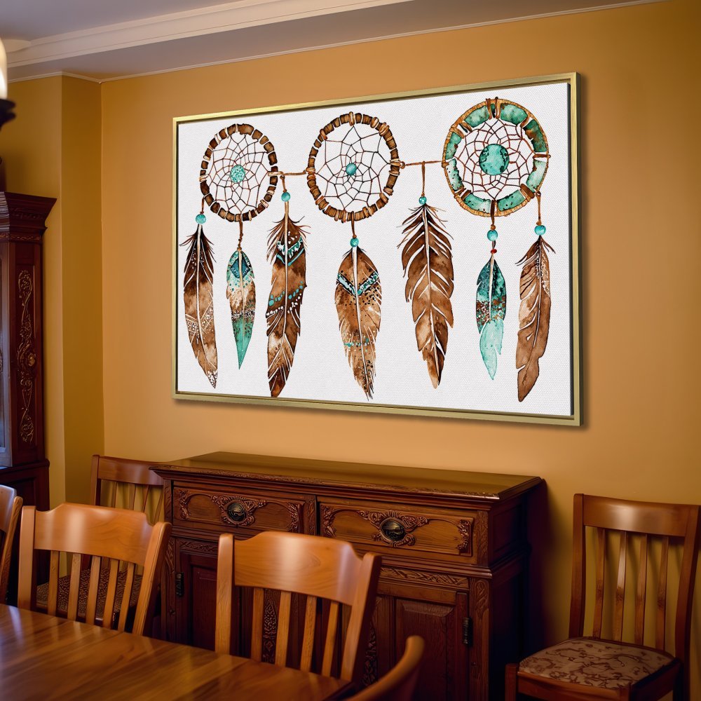 Canvas Print featuring a watercolor dreamcatcher. Boho style art in brown, turquoise, and cream tones. Perfect wall decor for living room.