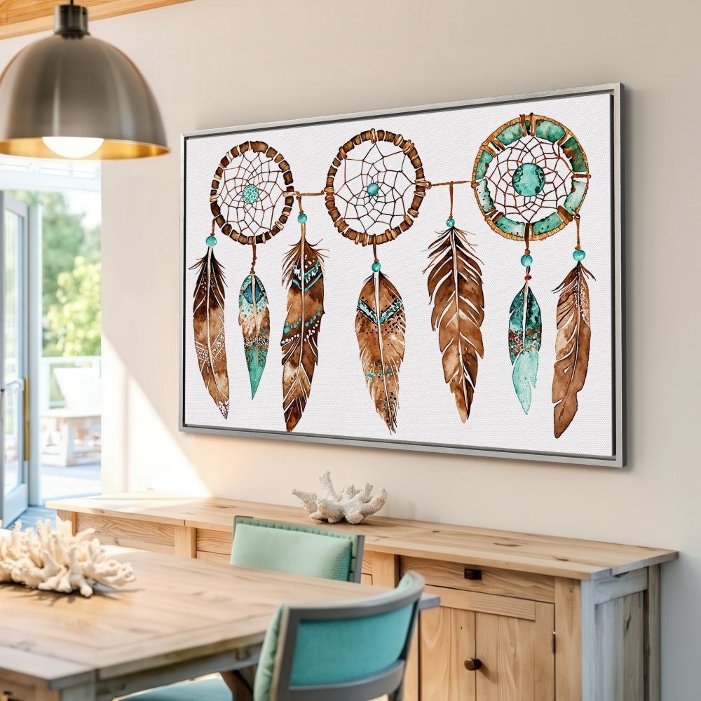 Framed Wall Art: Watercolor dreamcatcher print in boho style, featuring brown and teal feathers, perfect for adding a touch of serenity to your home.