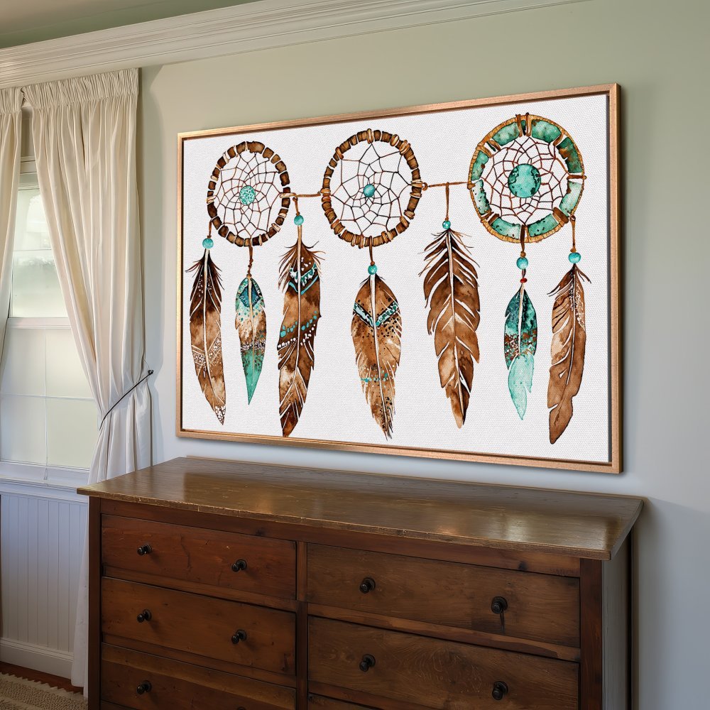 Canvas Print: Watercolor dreamcatcher art in boho style, featuring brown, turquoise, and white color palette. Perfect wall decor.