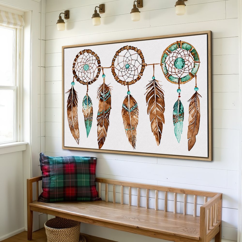 Framed Wall Art: Watercolor dreamcatcher print in earthy tones, perfect for boho home decor. Features brown, turquoise, and white color palette.