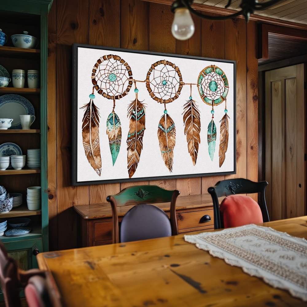 Framed Wall Art: Dreamcatcher Canvas Print in rustic style. Earthy tones of brown, turquoise, and white. Perfect for boho home decor.