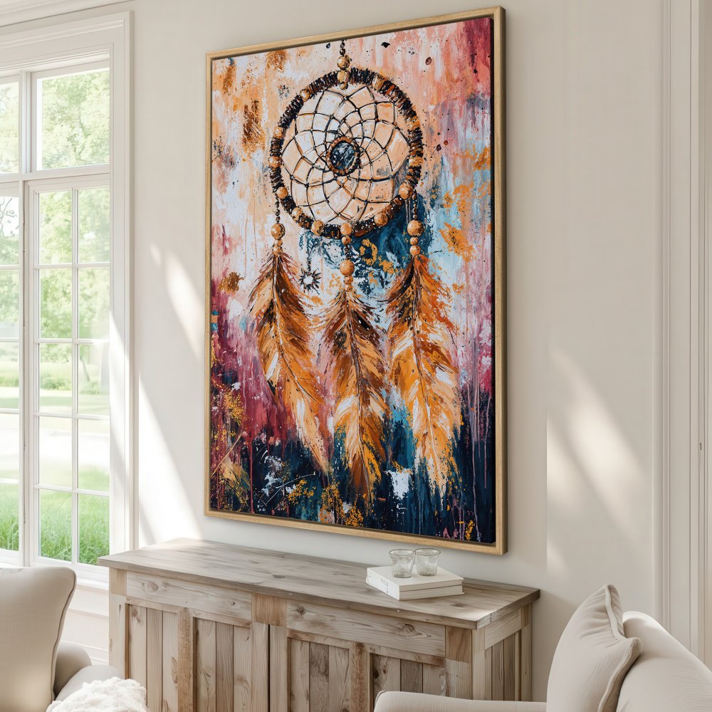 Framed Wall Art: Dreamcatcher painting in warm orange, blue, and red tones. Abstract style canvas print perfect for bohemian decor.
