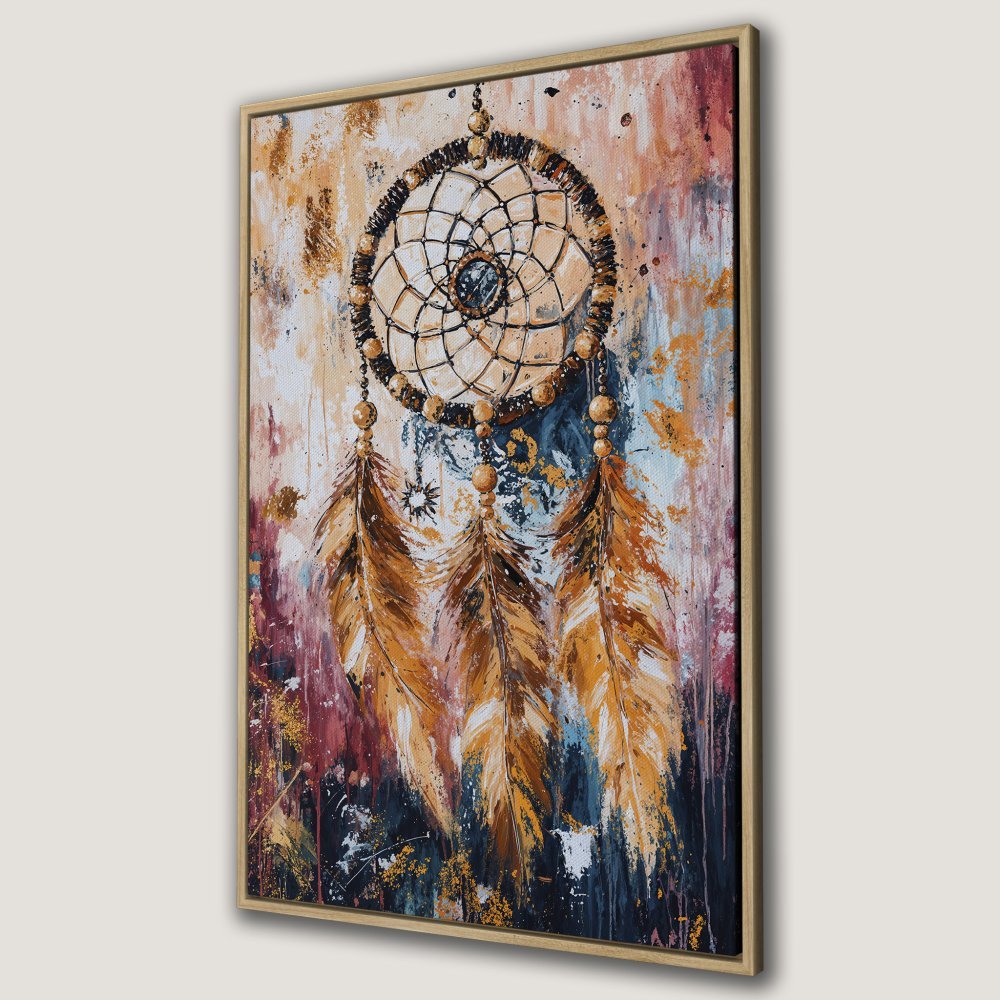 Framed Wall Art featuring a dreamcatcher. Abstract style with warm gold, brown, and blue tones. Perfect boho decor for your home!