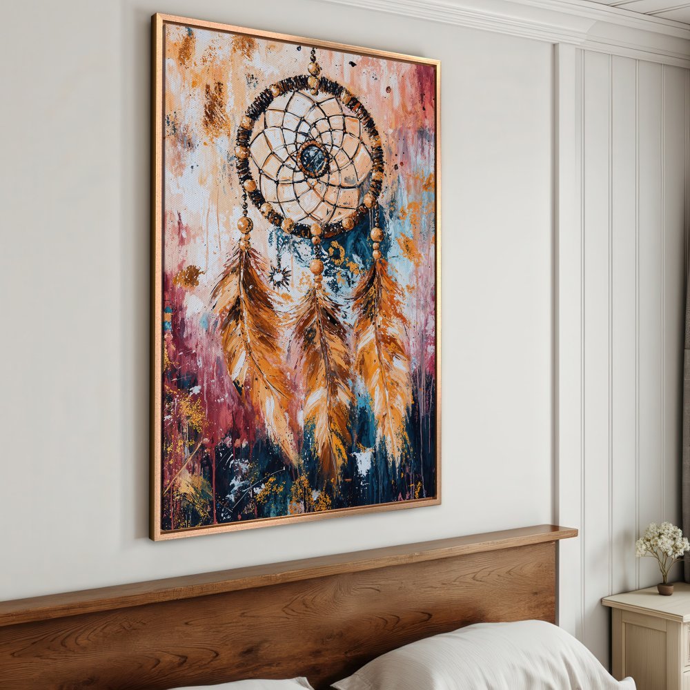 Framed Wall Art: Dreamcatcher painting in warm tones. Abstract style with orange, blue, and red hues. Perfect boho bedroom decor.