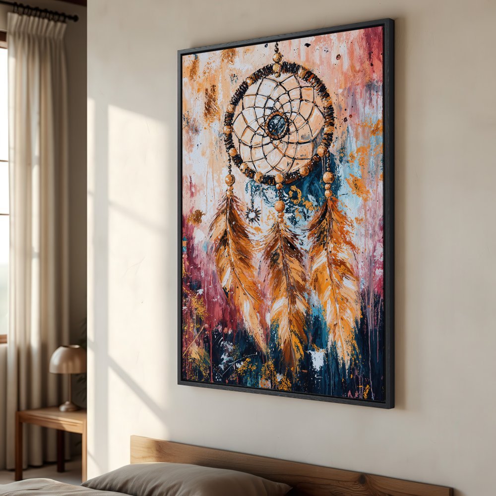 Framed Wall Art: Abstract dreamcatcher canvas print with warm orange, blue, and red tones. Bohemian style art for a cozy interior design.
