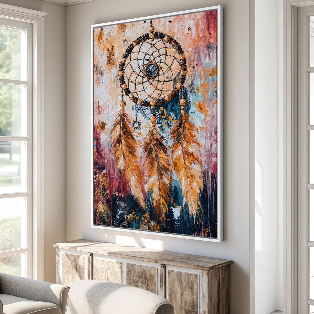 Framed Wall Art: Dreamcatcher painting with warm orange, blue, and red tones. Modern abstract style, perfect for boho home decor.