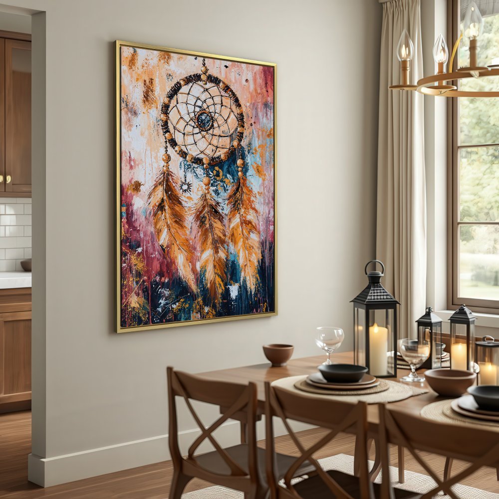 Canvas Print of a dreamcatcher in warm earth tones, perfect for bohemian decor. Add this unique wall art to your space!