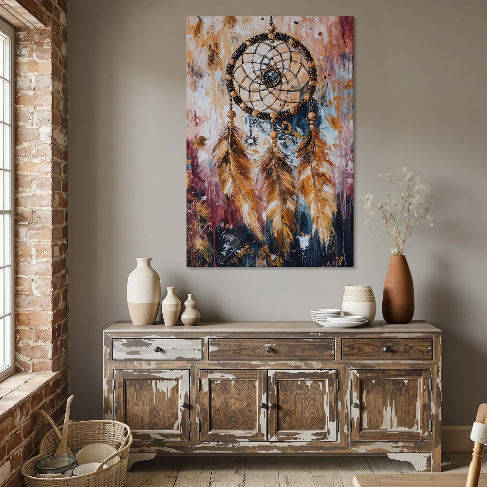 Framed Wall Art: Dreamcatcher painting with warm orange, blue, and red tones. Add boho style to your dining room with this beautiful canvas print.