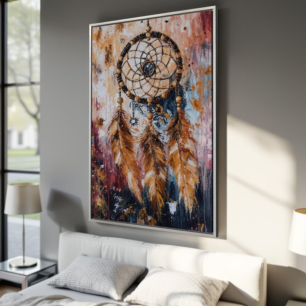 Framed Wall Art: Dreamcatcher canvas print with warm earth tones. Perfect bohemian decor for bedroom or living room. Shop now!