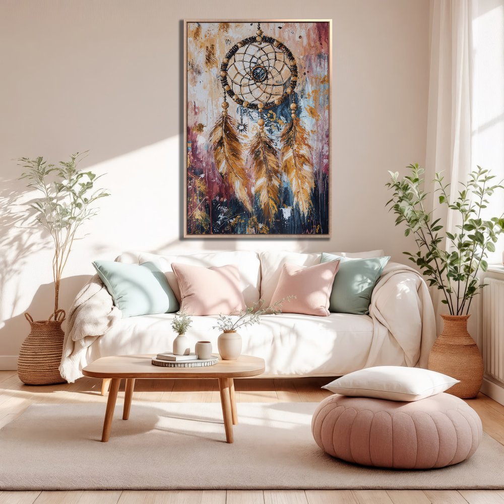 Framed Wall Art: Dreamcatcher Canvas Print in warm tones. Boho style art for living room decor. Earthy color palette.