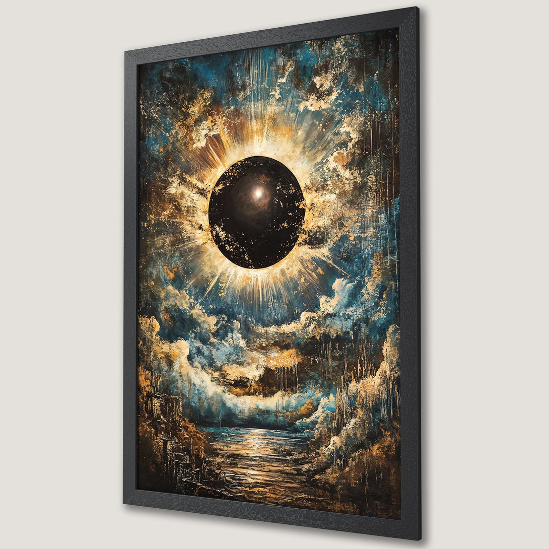 Framed Poster featuring an abstract celestial landscape in blue, gold, and black. A stunning piece of art for your home!