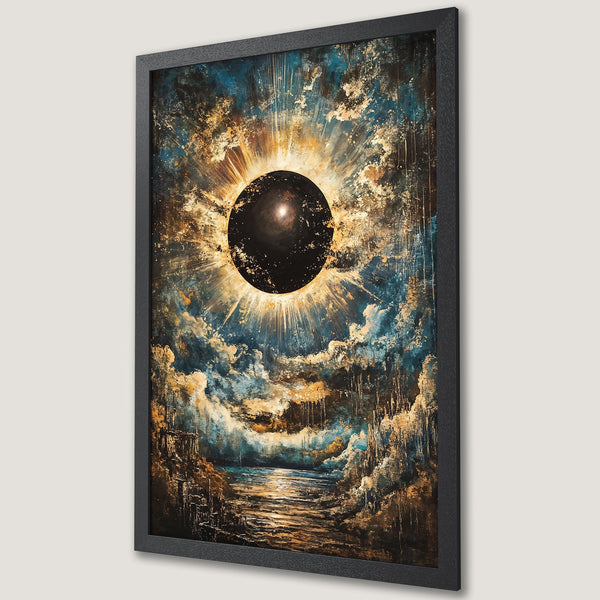 Framed Poster featuring an abstract celestial landscape in blue, gold, and black. A stunning piece of art for your home!