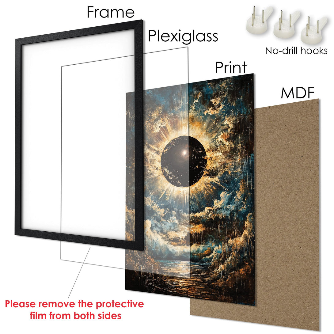 Framed Poster featuring an abstract celestial art print in blue, gold, and brown tones. Ready to hang with no-drill hooks.