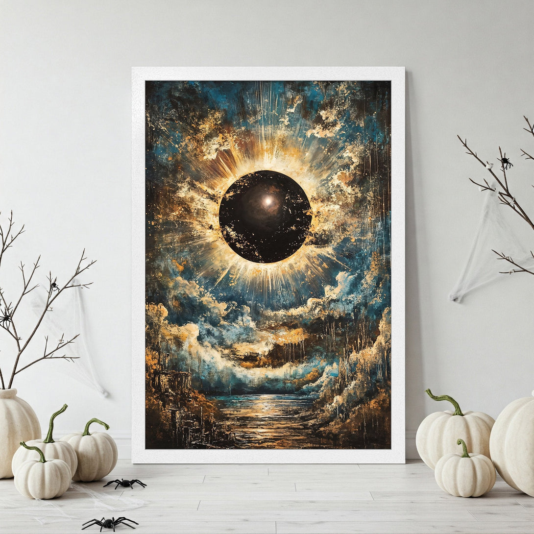 Framed Poster featuring an abstract celestial artwork with a dark sun, in a dramatic blue, gold, and black color palette.