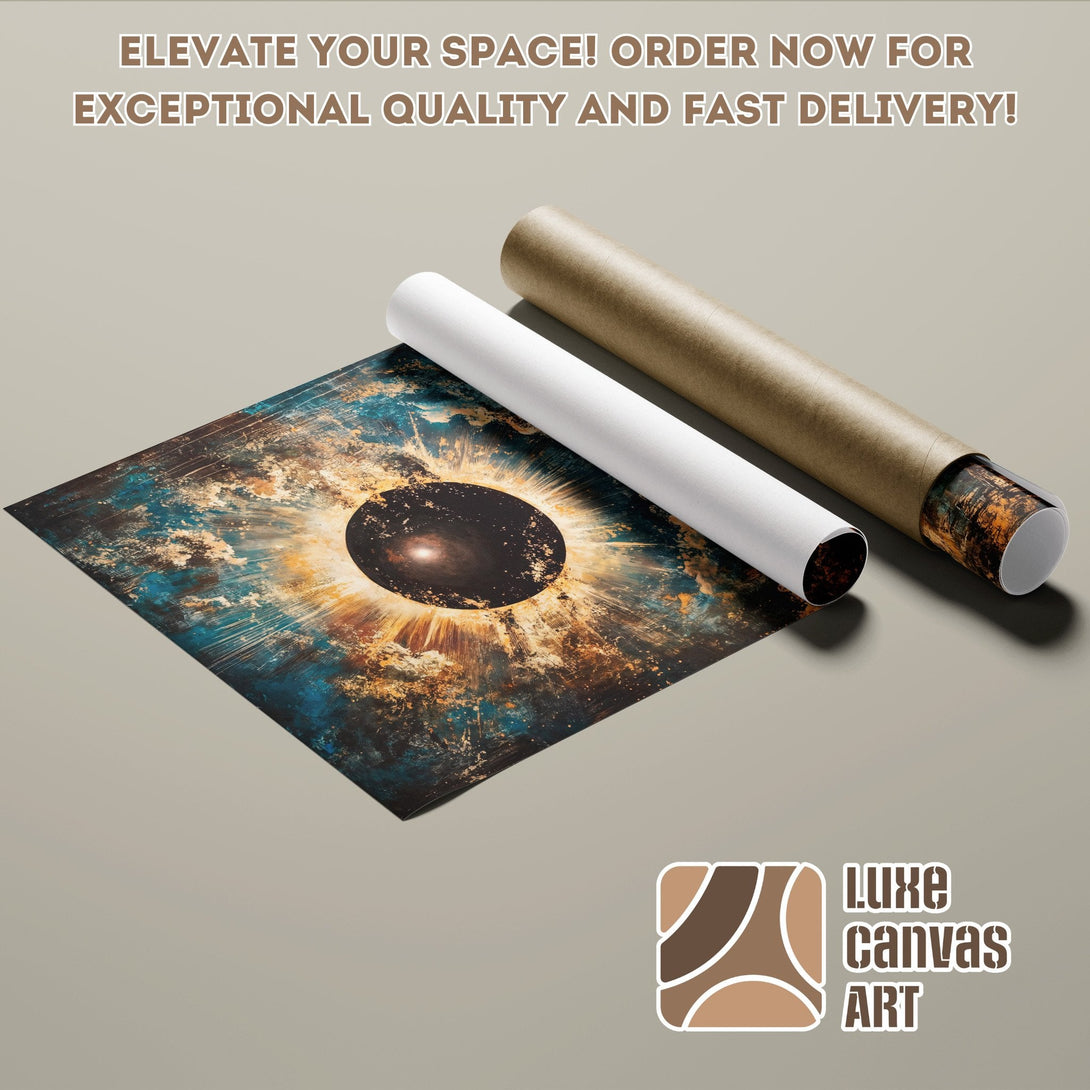 Abstract art poster roll with blue, gold, and brown color palette. Elevate your space with this stunning poster!