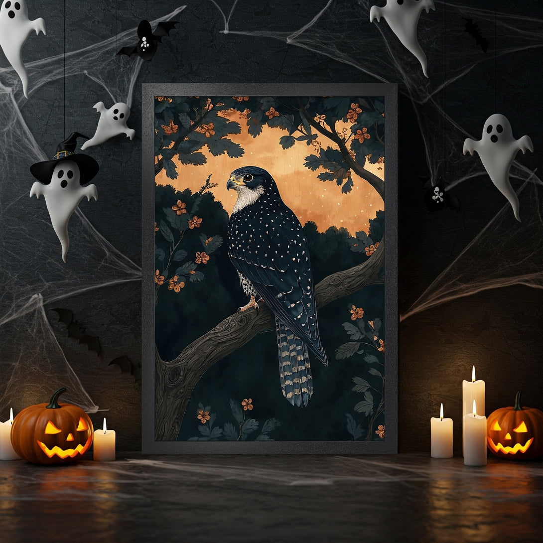 Framed Poster: Woman & horse art in dark, gothic style with gold accents. Perfect for Halloween decor! Black, gold, and burgundy color palette.