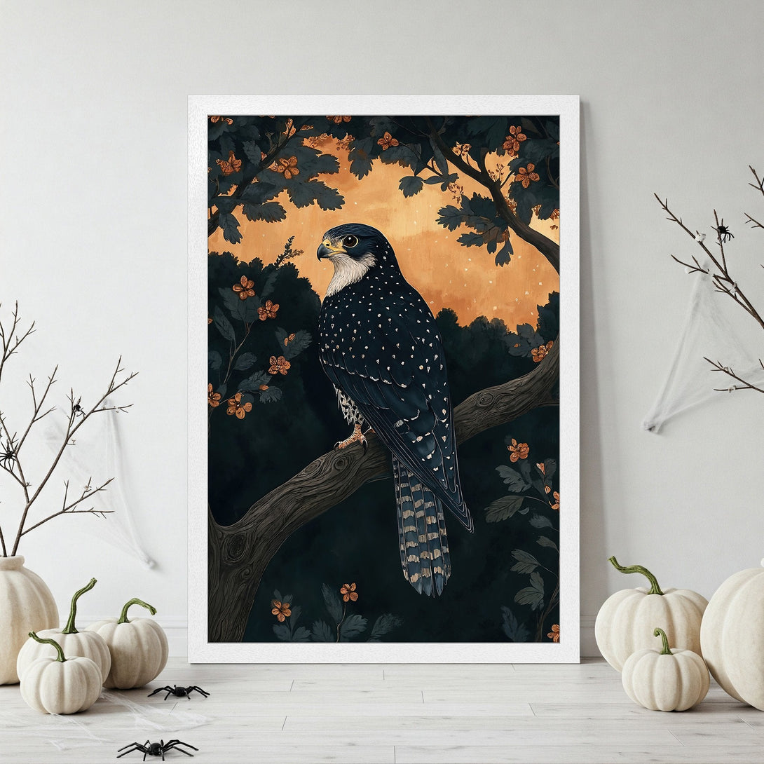 Framed Poster: Woman & white horse art print, romantic style, gold & burgundy palette. Perfect wall decor for any room.