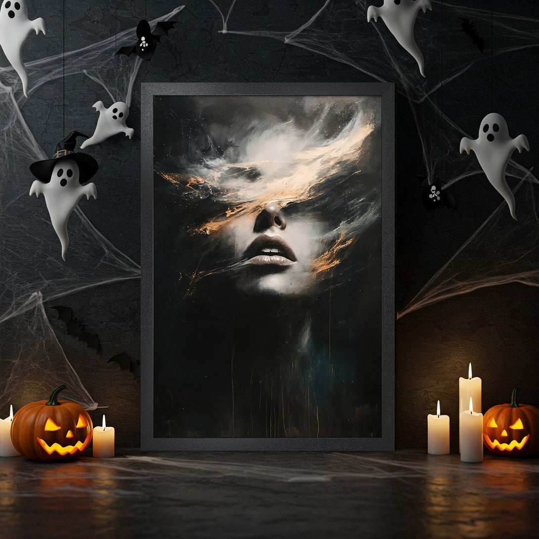 Framed Poster of woman's face, abstract style, green & black color palette, perfect Halloween decor.
