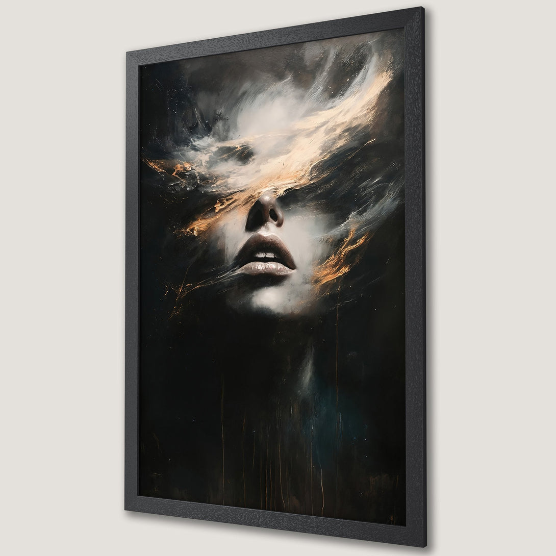Framed Poster featuring a woman's face in abstract art style. Dark green, black, and gold color palette. Add a touch of mystery to your space!