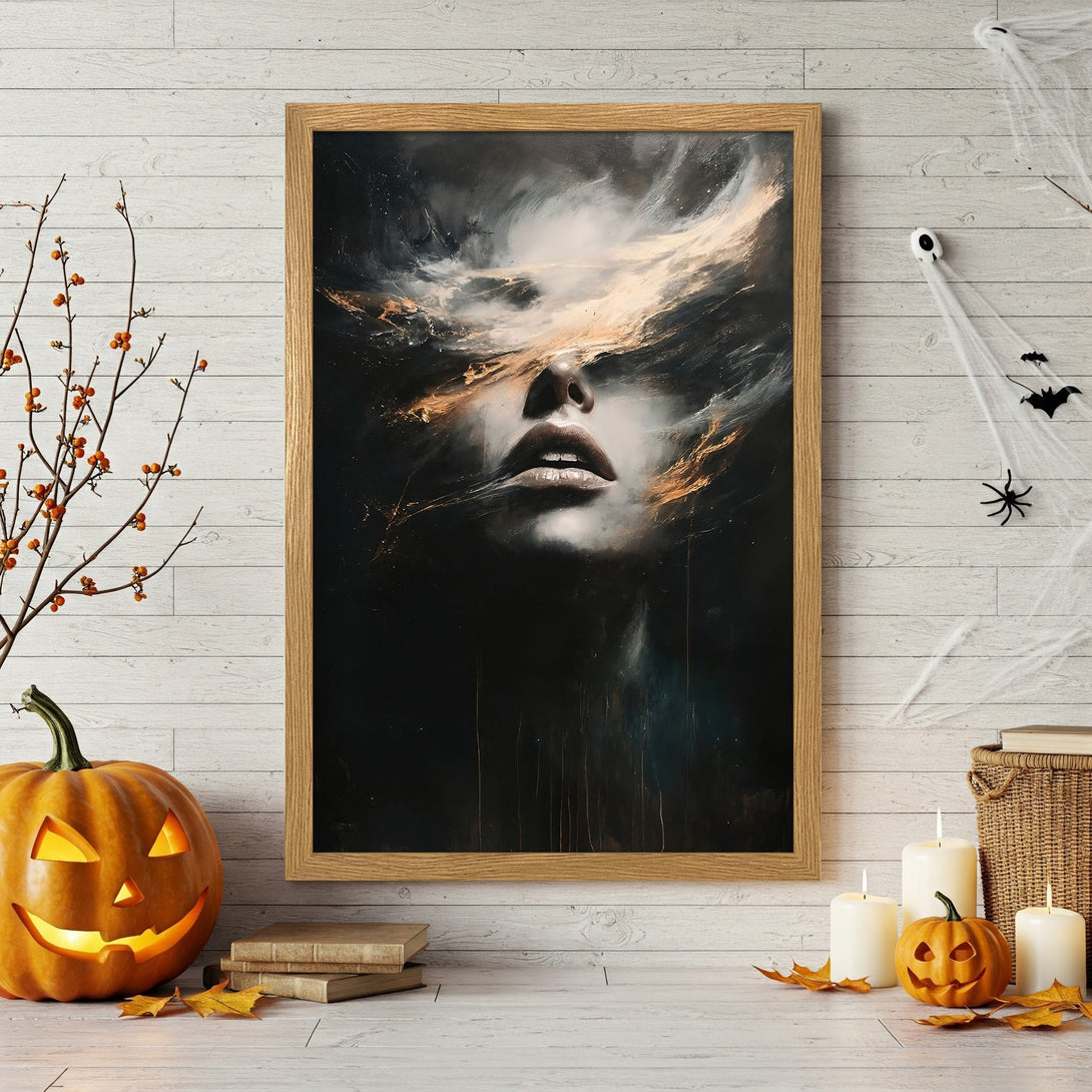 Framed Poster featuring a woman's face in abstract style, with a dark green and black color palette. Perfect Halloween decor!
