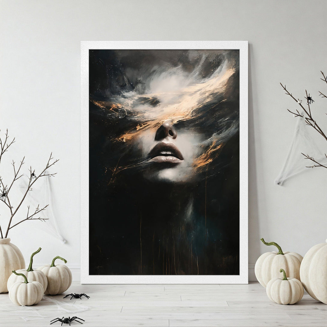 Framed Poster featuring a woman's face in abstract style with a green and black color palette. Perfect for modern home decor.