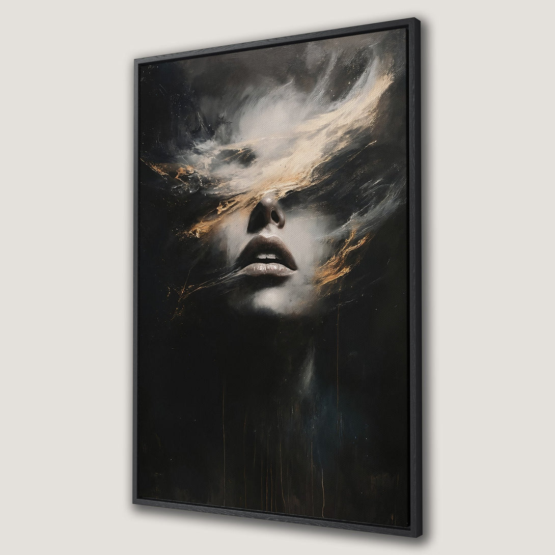 Framed Wall Art: Abstract portrait in green & black. Modern canvas print of a woman's face, expressive art for your home decor.