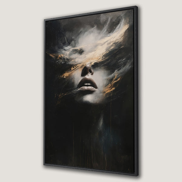 Framed Wall Art: Abstract portrait in green & black. Modern canvas print of a woman's face, expressive art for your home decor.