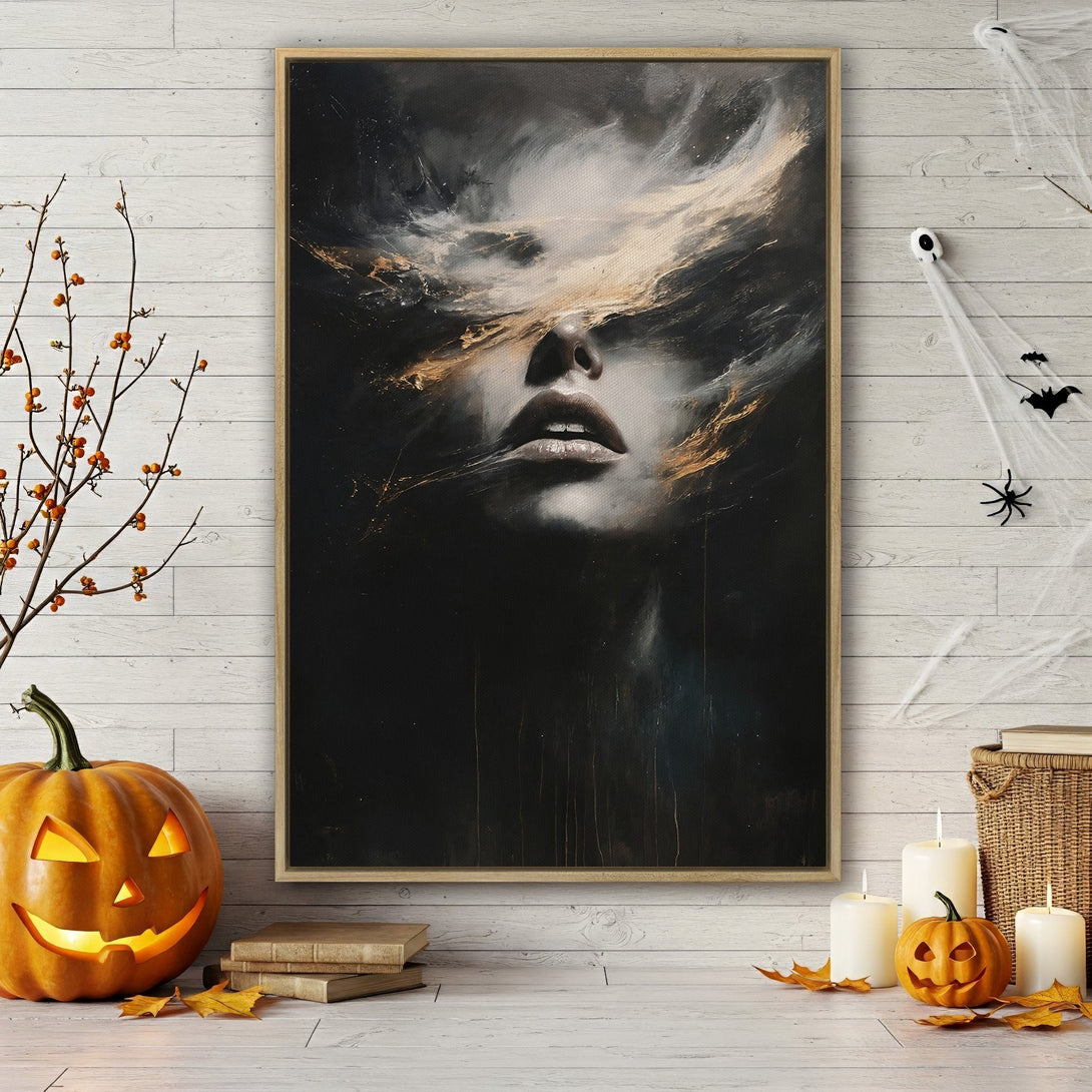 Framed Wall Art: Abstract portrait in dark green and gold tones. Modern canvas print for Halloween decor, featuring a mysterious woman's face.