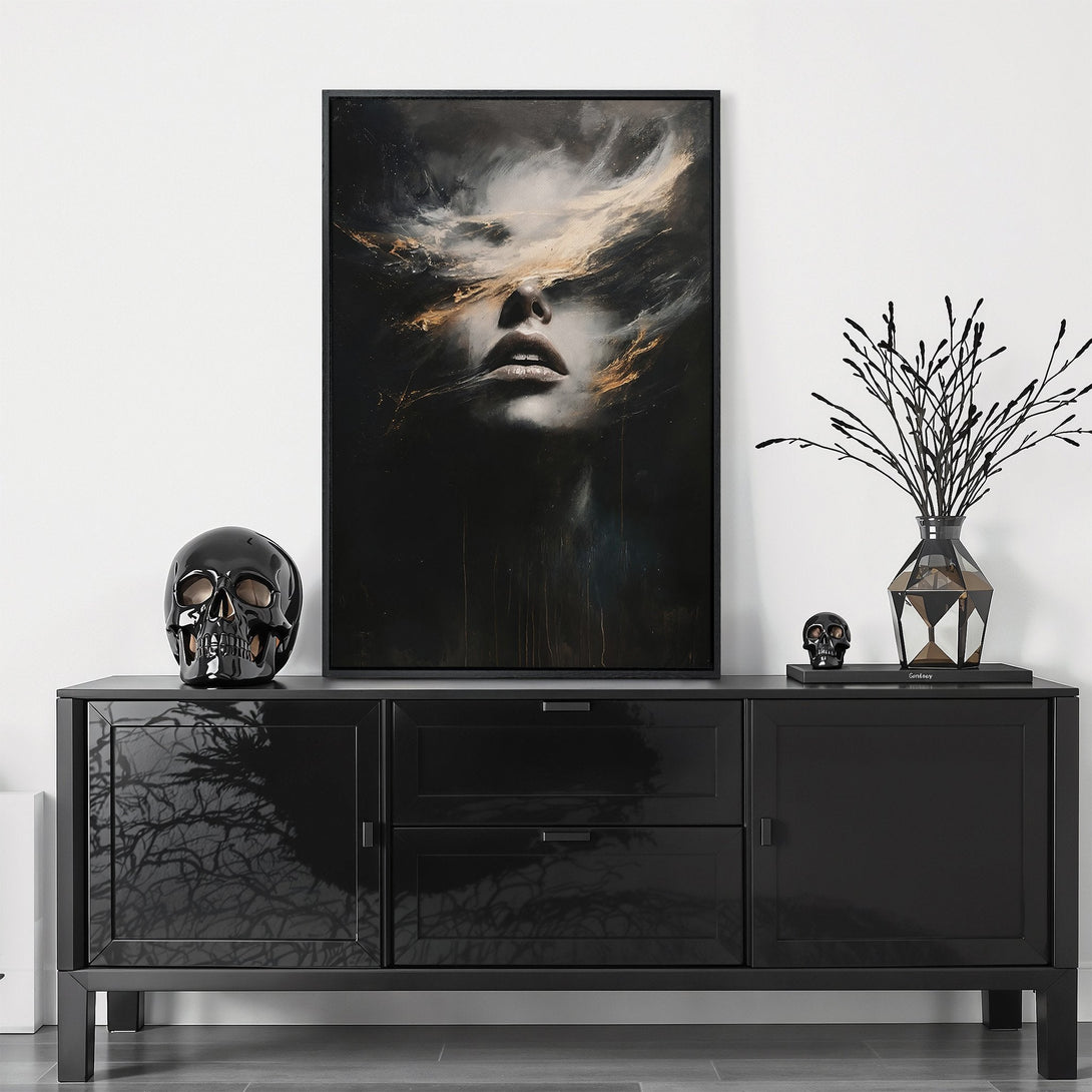 Framed Wall Art featuring an abstract portrait in a dark green and black palette. Modern art canvas print to elevate your home decor.