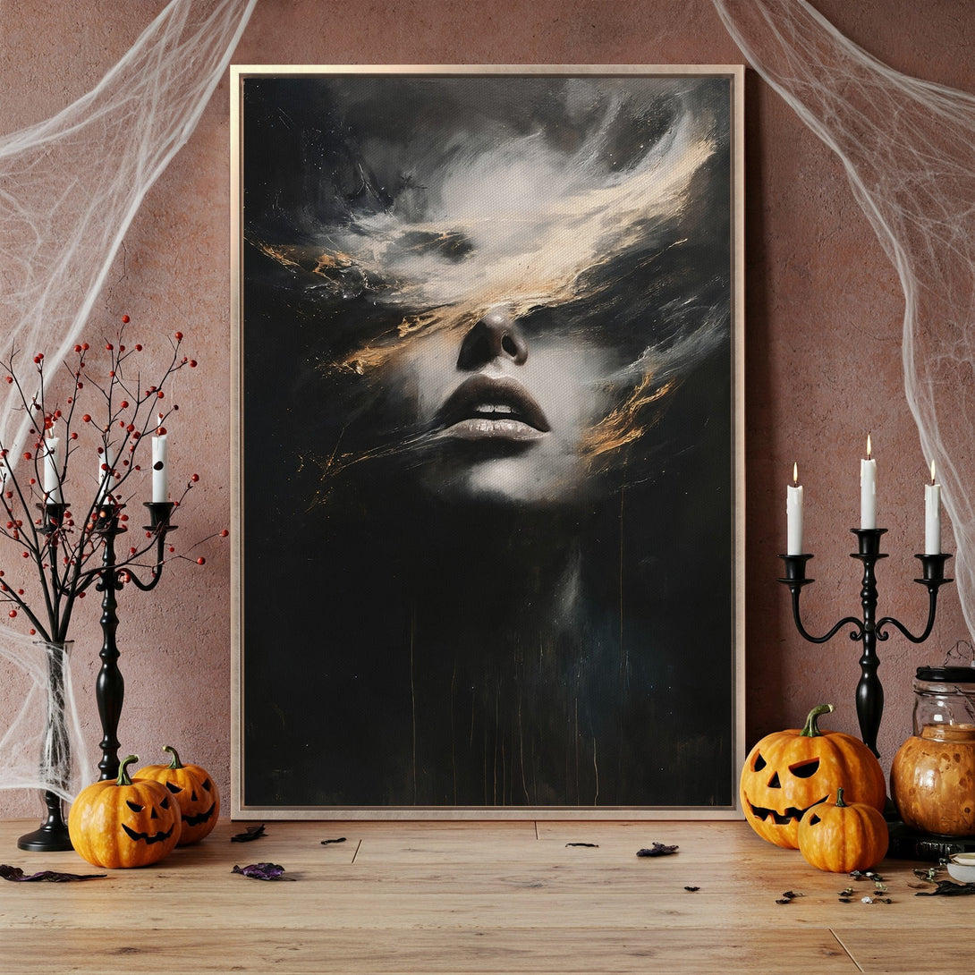 Framed Wall Art featuring an abstract portrait in green and gold tones. Perfect Halloween decor, this canvas print adds a touch of mystery and elegance.