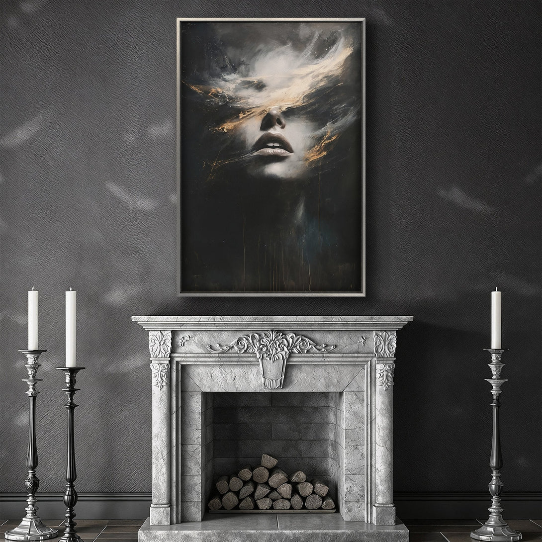 Framed Wall Art featuring an abstract portrait in a dark green and black palette. A captivating piece for modern interiors.