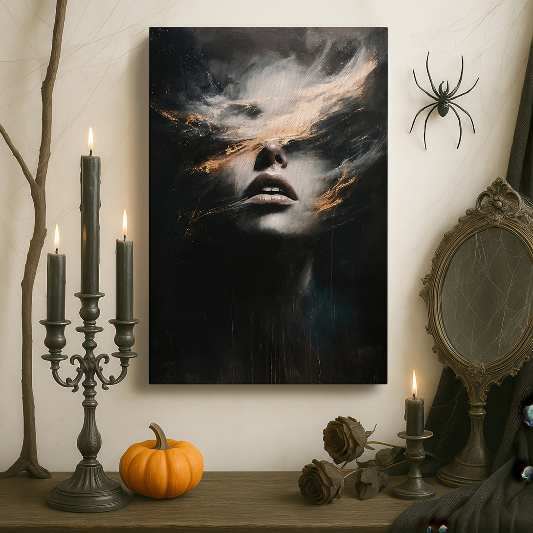 Framed Wall Art: Abstract portrait in green, black, and gold. Modern art canvas print adds a touch of elegance to any interior space.
