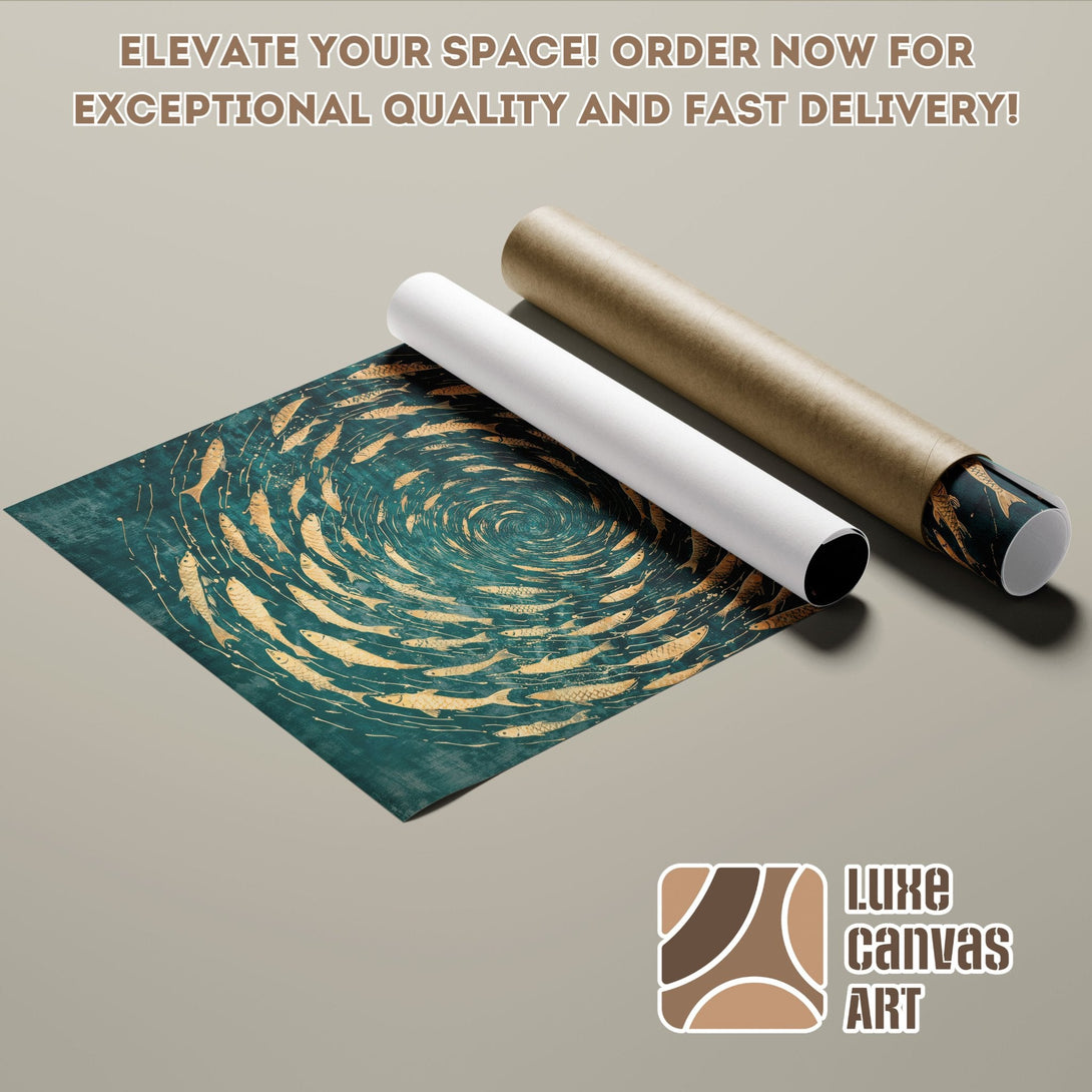 Poster Roll featuring a teal and gold fish design. Elevate your space with this stylish art print!