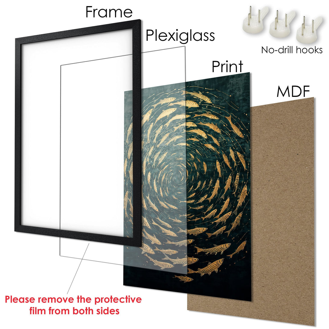 Framed Poster featuring a school of fish in a swirling design. Elegant art with teal and gold color palette. Perfect wall decor!
