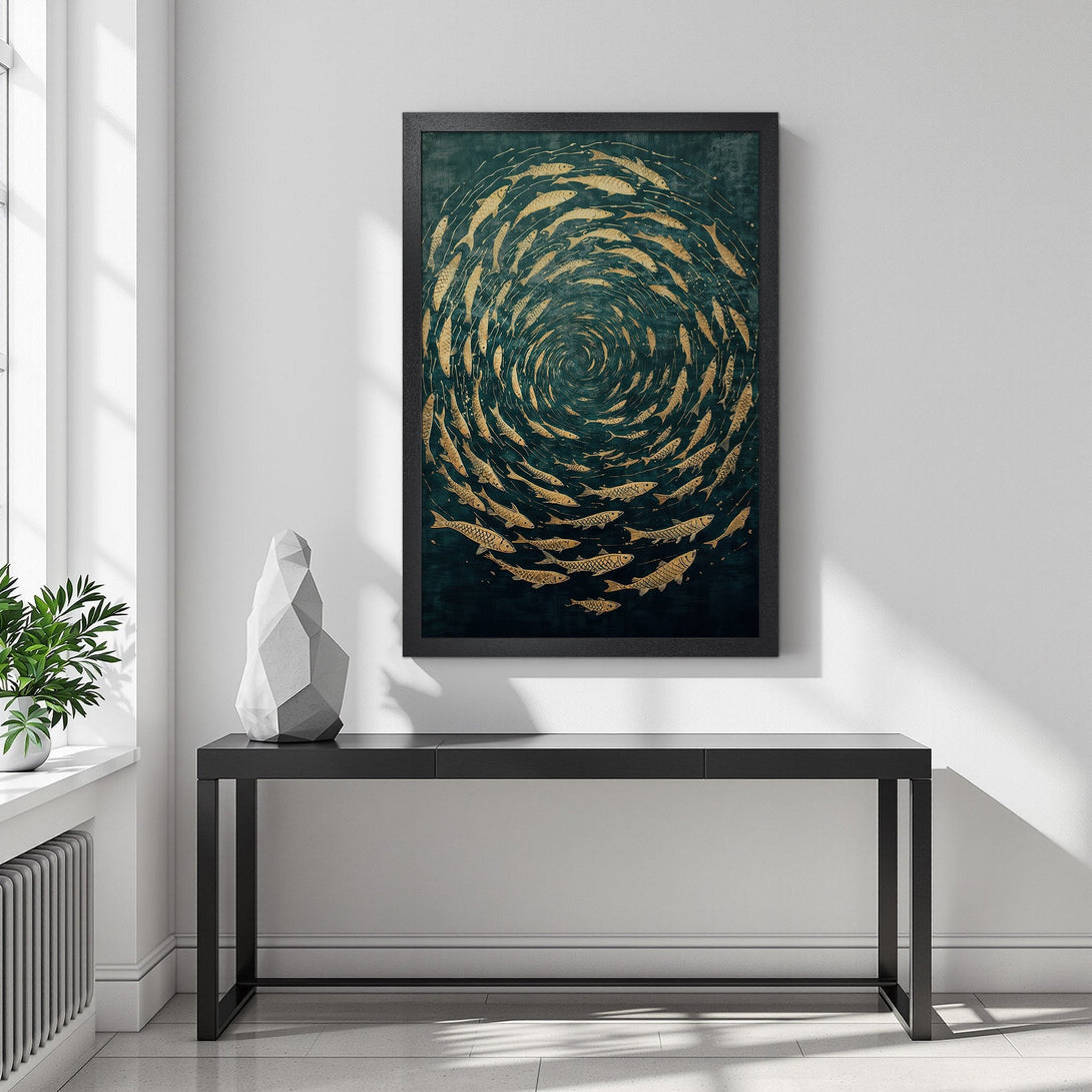 Framed Poster featuring a school of golden fish in a spiral design. Stylish artwork with teal and gold color palette. Enhance your decor!