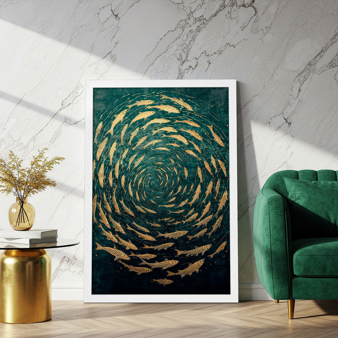 Framed Poster featuring a swirling school of fish in gold on a teal background. Modern art print to elevate your space.