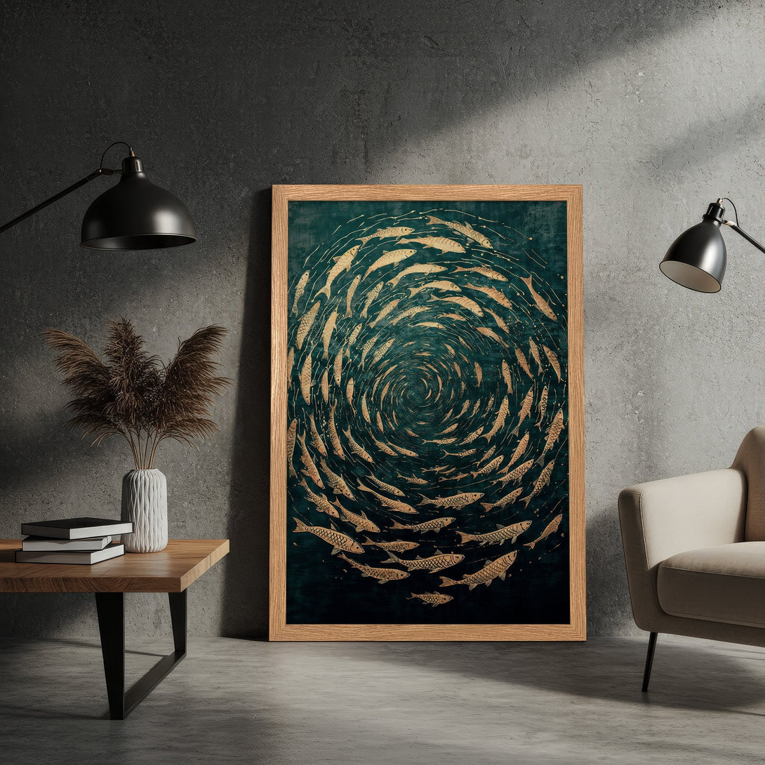 Framed Poster featuring a school of fish in a swirling design. Stylish, gold and teal color palette, perfect wall art.