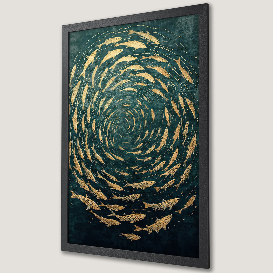 Framed Poster featuring a swirling school of gold fish on a teal background. Stunning artwork in a modern, elegant style. Perfect wall decor!