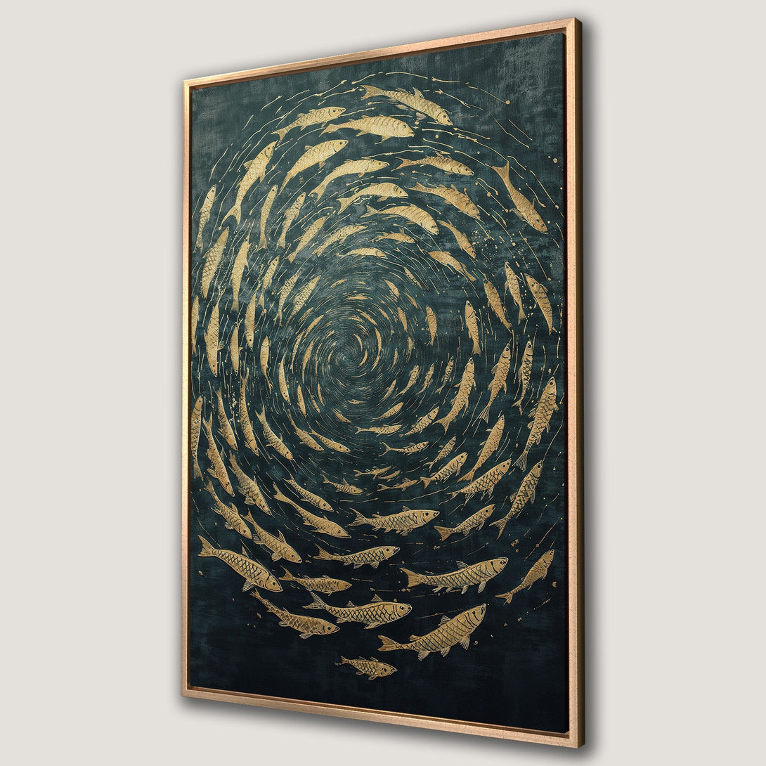 Framed Wall Art featuring a swirl of gold fish on a dark teal background. Modern, abstract style. Adds a touch of elegance to any room.