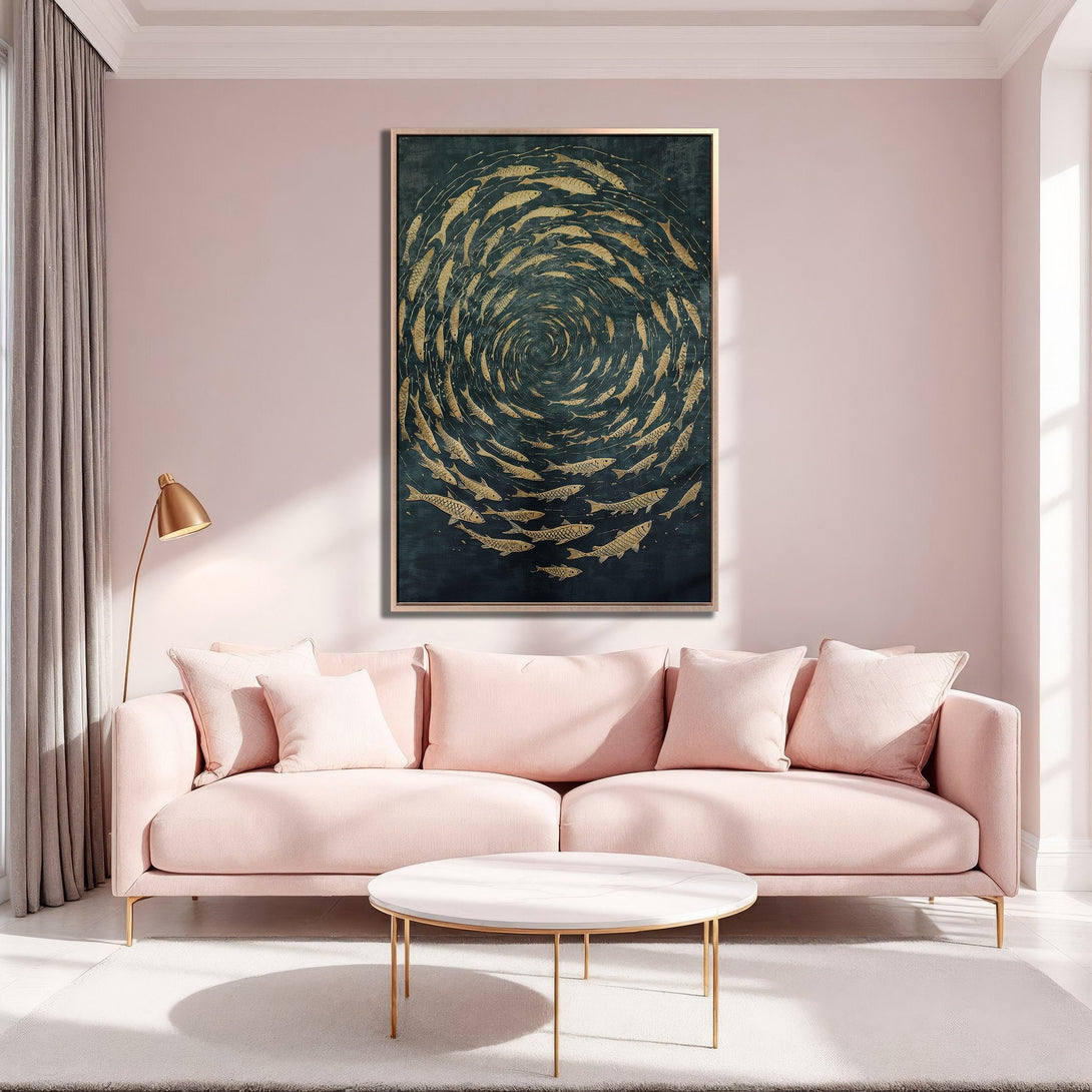 Framed Wall Art featuring a gold fish shoal on a dark teal background. Modern art piece with a gold frame, perfect for adding a touch of elegance.