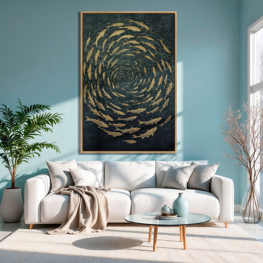 Framed Wall Art: Gold fish swirl Canvas Print on dark blue, modern style, teal and neutral color palette. Perfect for living room decor.