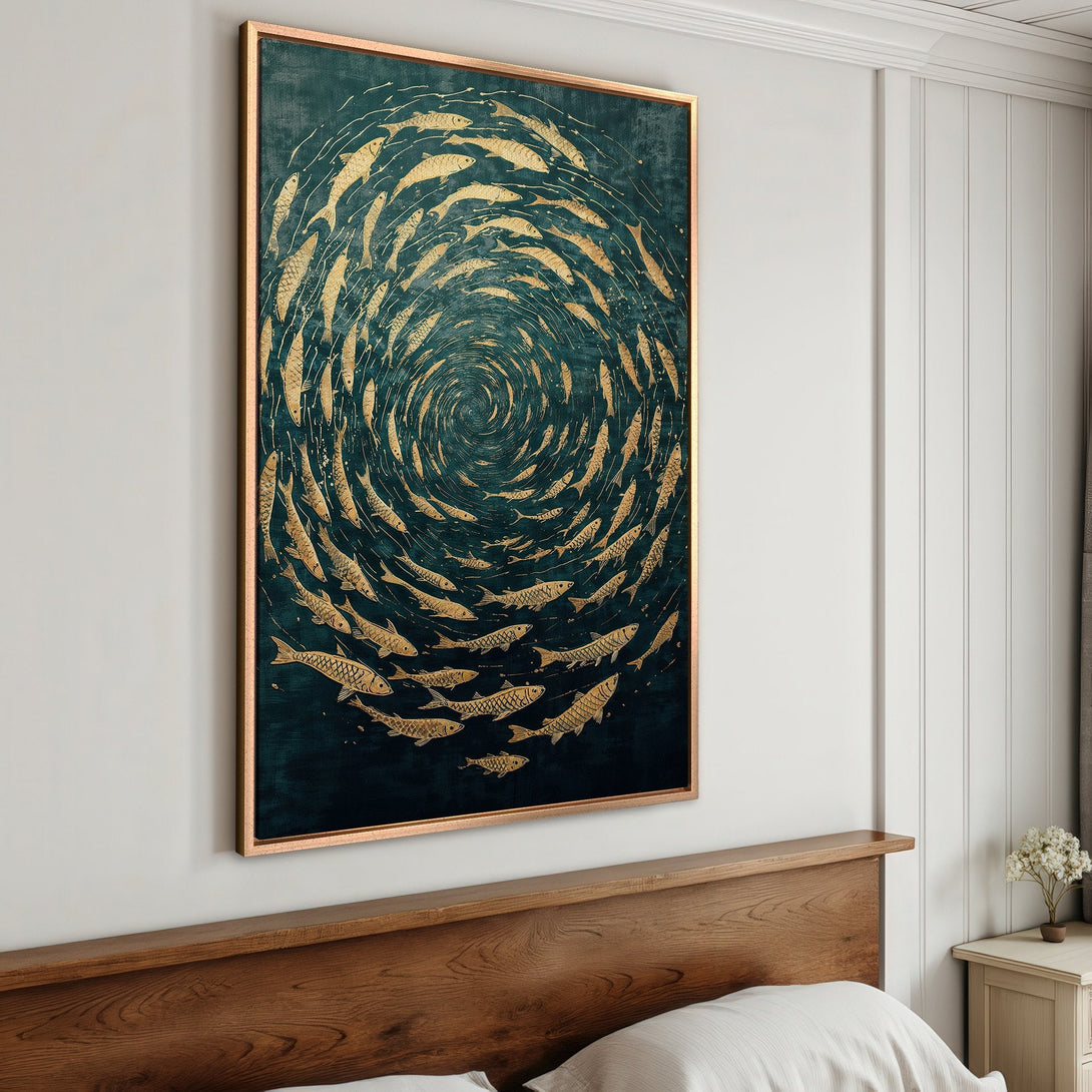 Framed Wall Art featuring a school of golden fish swirling on a teal background. Enhance your space with this elegant, modern Canvas Print.