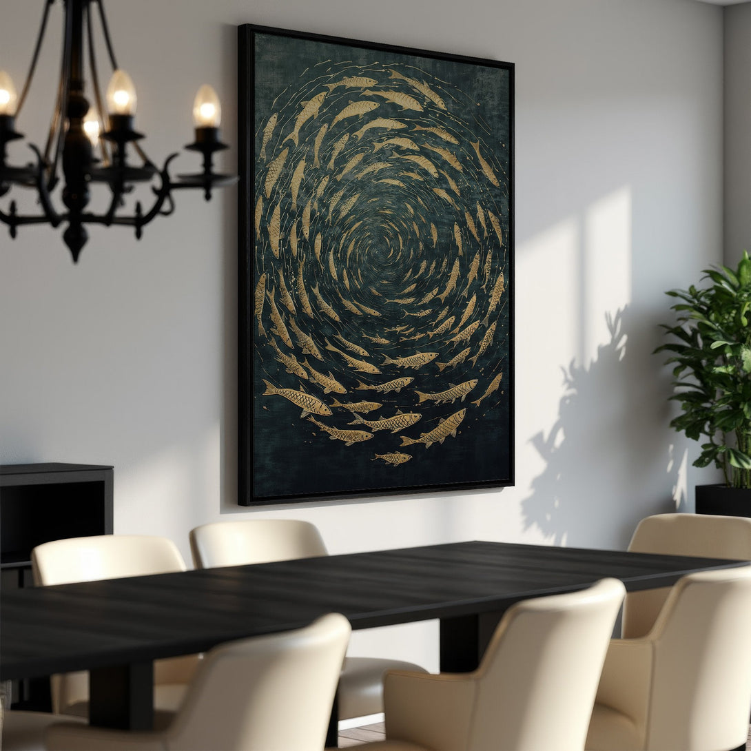 Framed Wall Art featuring a school of golden fish in a swirling pattern against a dark teal background. Modern art in a dining room setting.